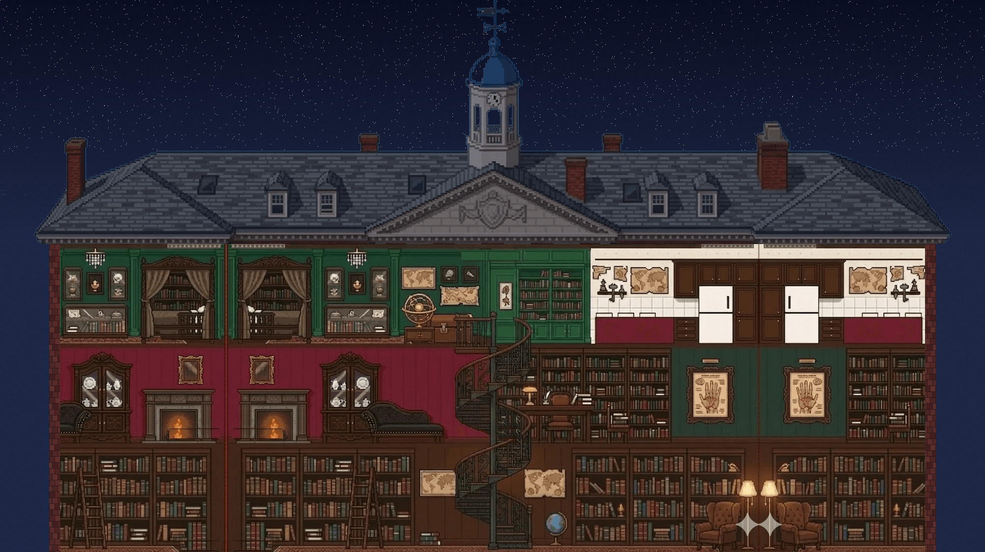 Pixel art cutaway of the library house at night, rooms lit