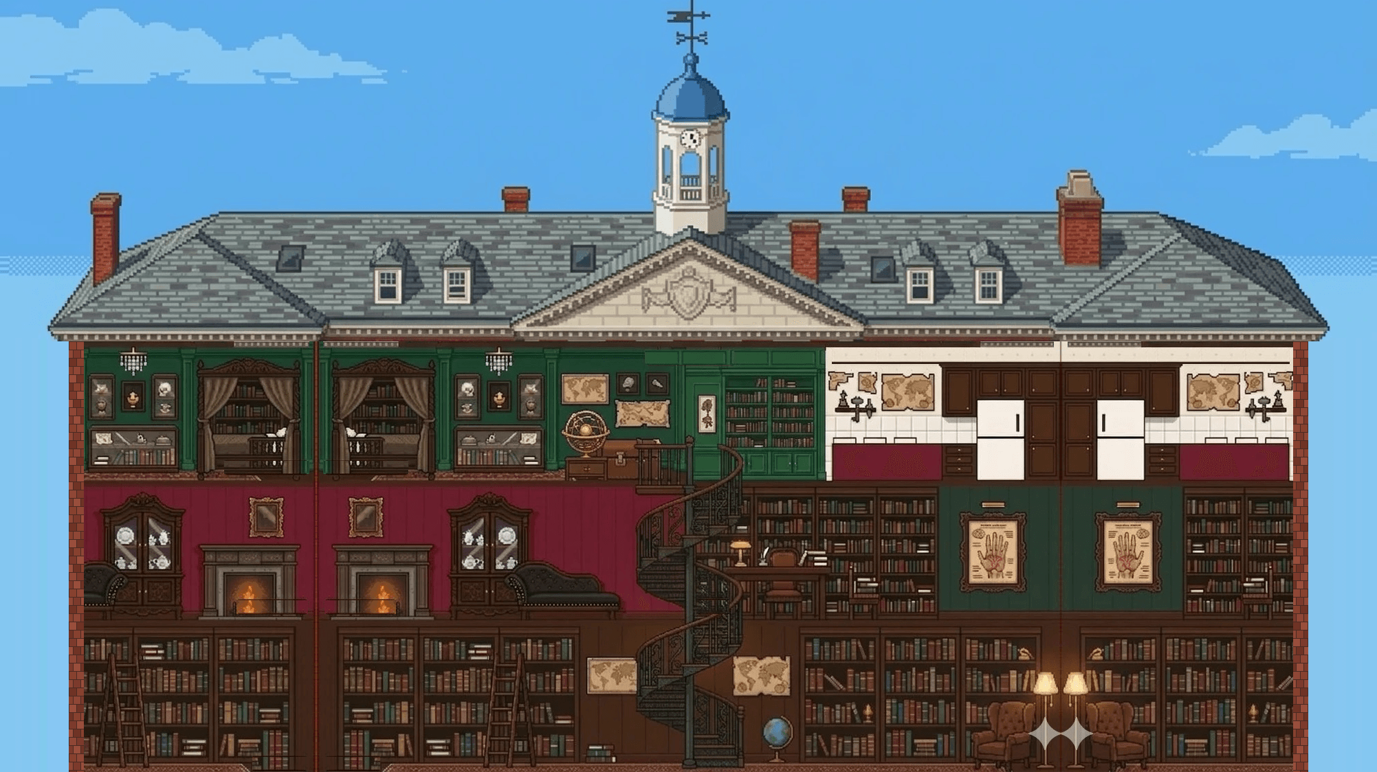 Pixel art cutaway of a library house